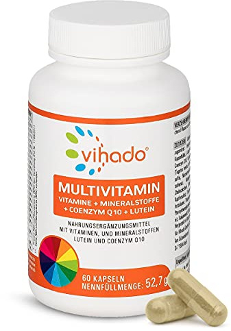 Vihado Multivitamin – Vitamine A-Z und Multimineral-Komplex – 26 Vitamine und Mineralstoffe hochdosiert – Nahrungsergänzungsmittel mit Q10, Zink und Tagetes Erecta – 1 Kapsel/Tag, 60 Kapseln