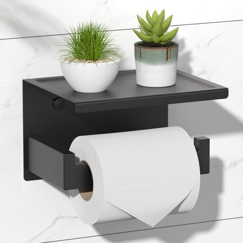 HITSLAM Toilettenpapierhalter Ohne Bohren, Selbstklebend Klopapierhalter mit Ablage, Edelstahl Klorollenhalter Wandmontage, Wc Papier Halterung Rollenhalter mit Kleber für Badzimmer Schwarz