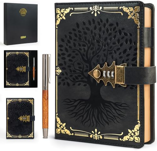 WEMATE Tagebuch mit Schloss und Geschenkbox, A5, 260 Seiten, nachfüllbar, Hardcover Passwort Notizbuch, Vintage Lock Journal, Mädchen, Männer, Studenten, 21,8 x 14,7 cm (Schwarz)