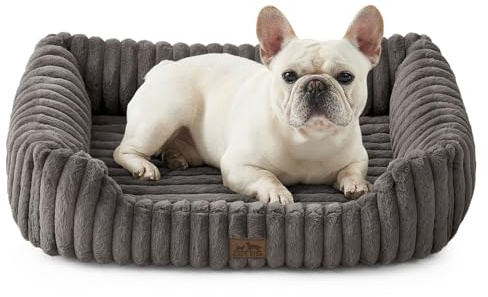 COZY KISS Waschbares Hundebett für Mittelgroße Hunde, Orthopädisches Weicher Kunstfell Hundekorb, Haustiersofa mit Hoher Umrandung, Flauschig Cordbezug Hundecouch, Rutschfestes, 76x58x18cm, Grau
