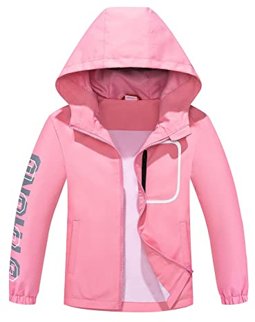 ALXHUTE Kinder Regenjacke Wassersäule Jungen Mädchen Übergangsjacke Frühling Jacke Funktionsjacke mit Kapuze Rosa DE: 128-134 (Herstellergröße 130)