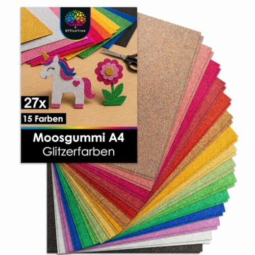 OfficeTree 27x Bögen Glitzer Moosgummi 2mm - Moosgummi Glitzer Platten A4 - Schaumgummi Basteln - Schaumstoff zum Basteln - Glitzermoosgummi A4 für DIY Bastelarbeiten