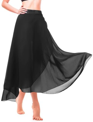 Yolev Ballett Wickelrock Chiffon Ballettrock Damen Lange Ballettrock Schwarz Ballettkleidung Damen Chiffon Tanz Wickelrock mit Verstellbarem Gürtel Gymnastik Tutu Tanzkleidung für Frauen