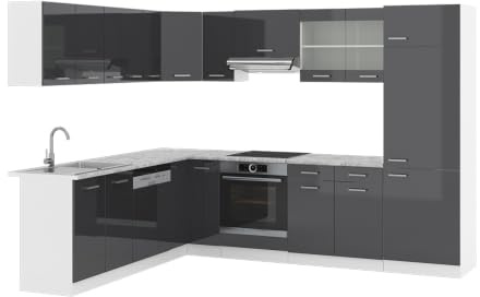 Vicco Eckküche R-Line, Anthrazit Hochglanz/Weiß, 287 x 227 cm