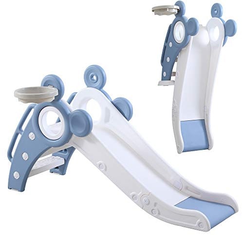 YOLEO Rutsche, Kinder Fun-Slide mit Basketballkorb, Faltbar Kinderrutsche, Gartenrutsche Kleinkinderrutsche für 1-3 Jahre, Indoor & Outdoor Rutschbahn mit Rutschauslauf (Blau)