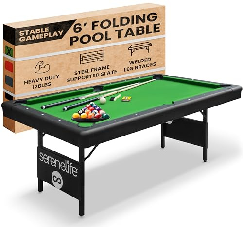 SereneLife SLPLTB76 Klappbarer Billardtisch – tragbarer Billardtisch – inklusive 2 x Queuestäbchen, komplettes Set von Bällen, Kreide, Bürste – Faltbarer Billardtisch für Kinder und Erwachsene