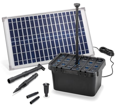 esotec Solar Teichfilter Set mit Teichpumpe 875l/h, Teich bis 3000l 100902 | Solar Teichfilter Set, 25Wp Solarmodul, 875l/h Teichpumpe, Direktbetrieb, bis 3000l, Durchflussregler, Trockenlaufschutz