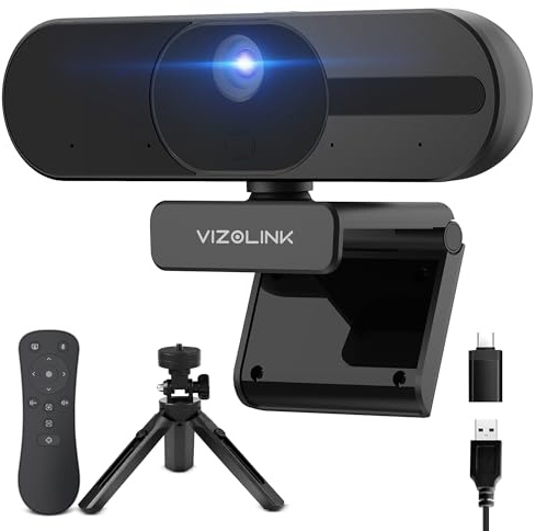 VIZOLINK V21 Webcam 4K, Ultra HD Webcam mit Mikrofon, Lautsprecher, Fernbedienung, Zoom, 112°Sichtfeld, Autofokus, Plug&Play, Datenschutz, Geräuschunterdrückung Webcam PC für Meetings and Streaming
