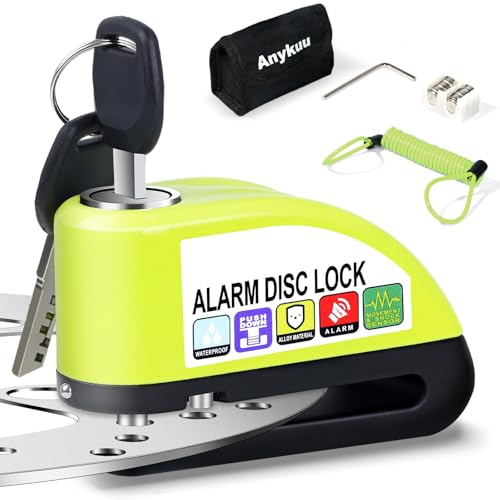Bremsscheibenschloss Motorrad mit Alarm 110 dB, 7 mm Bolzen, 1,5 m Erinnerungskabel, robustes Motorradschloss aus gehärtetem Stahl, Diebstahlsicherung für Motorrad Roller E-Bike & Fahrrad