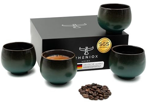 Pheniox | Cappuccino Tassen Set Jade | 4-teilig | 160 ml | hochwertige Kaffee Tassen aus Steingut | ohne Henkel | Geschenk in modernem Design | Espresso | Mokka | Cappuccino | Tee