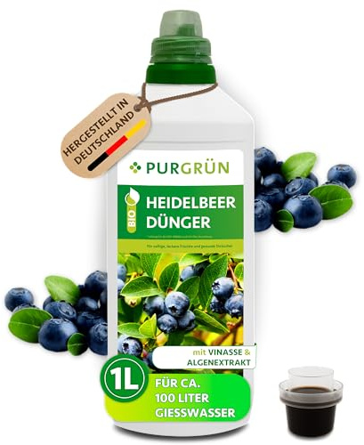 Purgrün® Bio-Heidelbeerdünger 1 Liter – Organische Rezeptur – Premium-Flüssigdünger – NPK 4+1+7 – Mit Algenextrakt & Vinasse – Kalium für aromatische Heidelbeeren – Ohne tierische Inhaltsstoffe