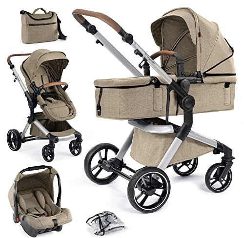 Bergsteiger Kinderwagen Lugo 3in1 | Kombikinderwagen Komplettset inkl. Zubehör - Babyschale, Buggy-Aufsatz, Sonnenschutz & Wetterfußsack | Isofix Station erhältlich