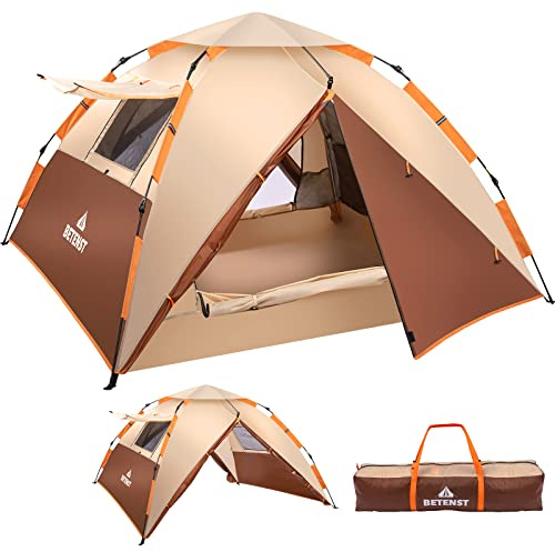 BETENST Camping Zelt, Pop Up Zelt 3 Personen Familie Kuppelzelt Wasserdicht Winddicht mit 2 Mesh-Tür, 2 Mesh-Fenster, 2 in 1 Doppelschichten, Tragetasche für Camping Wandern Backpacking