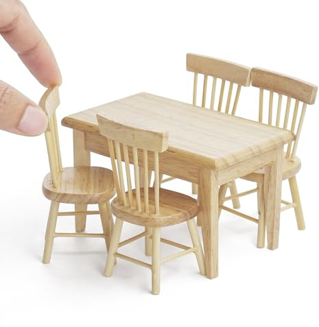Odoria 1/12 Miniatur Tisch und Stühle Puppenhaus Möbel Küche Zubehör, Holzfarbe