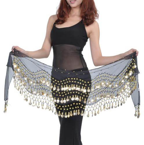 NOPKESV 1 Stück Damen Bauchtanz Gürtel Tanztuch mit Münzen Chiffon Hüfttuch Bauchtanz Münztuch Bauchtanz Kostüm Hüfttuch Rock Bauchtanz Münzgürtel Bauchtanz Kostüm Geschenk zum Valentinstag