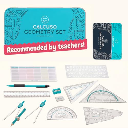 CALCUSO Geometrie Set 14-Teilig mit Zirkel, Geodreieck in Stabiler Metallbox - praktisches Mathematik-Set für Schule, Büro, Uni, Zeichnungen, Grundschulen