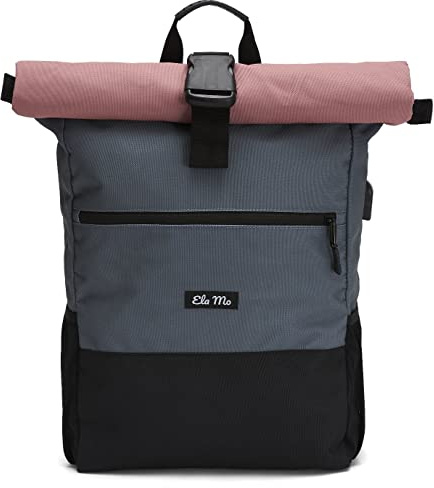 Ela Mo® Rolltop Rucksack Damen - Rollrucksack Anti Diebstahl für Sport & Reisen - Laptoprucksack für Schule, Uni, Business - Mit USB Anschluss & kompaktem Flaschenhalter - Salmon