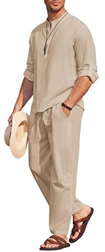 COOFANDY 2-teiliges Herren-Set aus Baumwoll-Leinen, lässig, langärmelig, Henley-Shirt, Strandhose mit Taschen, Sommer-Yoga-Outfits