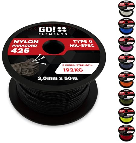Paracord 425 Typ II | ø 3mm - 9 Kerne - max. 192 kg | 100% Nylonschnur, Allzweckseil - reißfest | Nylonseil, Armband, Hundeleine, Survival & Outdoor Seil