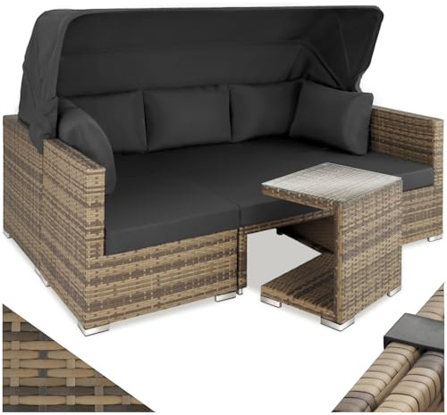 tectake® Rattan Sonneninsel Sitzgruppe, Alu Lounge Möbel Set inkl. Sofa mit Sonnendach, Hocker, Sesseln und Tisch, Outdoor Gartenmöbel, Loungemöbel Balkon & Garten, Terrassenmöbel, wetterfest - Natur