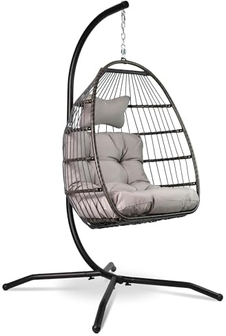 VITA5 Hängesessel mit Gestell - Bequemer Hängekorb Sessel - Rattan Hängesessel Outdoor und Indoor - Boho Egg Schaukel für Terrasse&Leseecke - 150 kg Tragkraft (Grau)