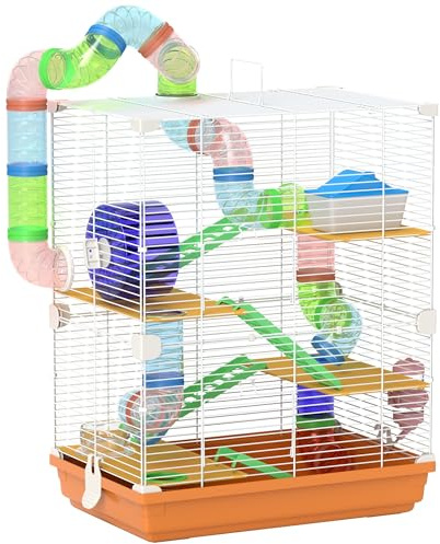 PawHut Käfig für Hamster, Nagetiere, 4 Etagen, mit Tunneln, Futternapf, Laufrad, Haus, Leitern, Maße: 46L x 30B x 58H cm, Orange