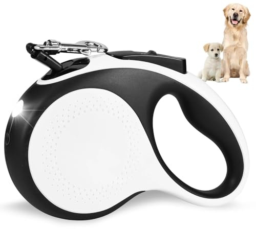 Viitech Hundeleine 5m, 360° Verknotungsfreier Leine mit LED-Licht, Rollleinen für Hunde Einziehbares Zugseil mit Rutschfestem Griff für mittelgroße große Hunde bis zu 30 kg (Blanco)