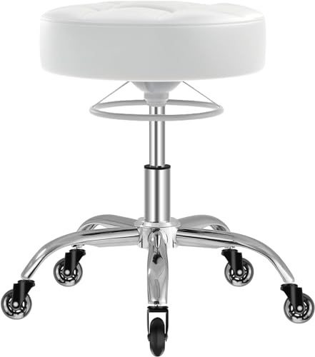 OUTMASTER Rollhocker，Hocker höhenverstellbar mit ringheber，Dicker Schaumstoff für weichen Komfort，Stuhl mit Rollen 360°，Arbeitshocker bis 180 kg belastbar， Drehhocker für Salon Spa und Haushalt(Weiß)