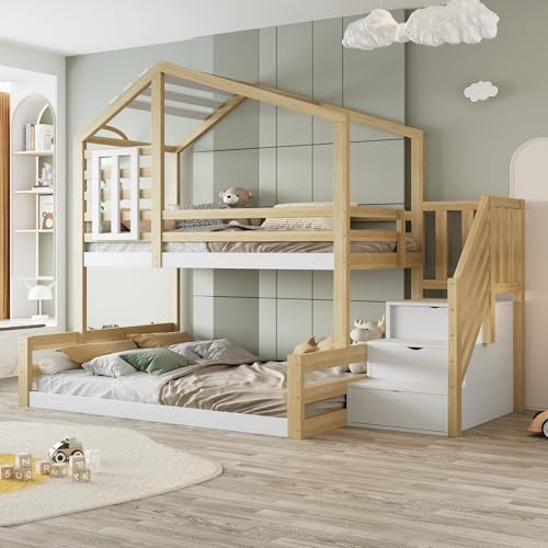 Gegtuon Etagenbett Bett 90x200 & 140x200 cm, Kinderbett Hochbett mit Stauraum Treppe und Dach, Hausbett Holzbett Bettgestell mit Fenster, Bett mit Lattenrost und Rausfallschutz, ohne Matratze, Natur