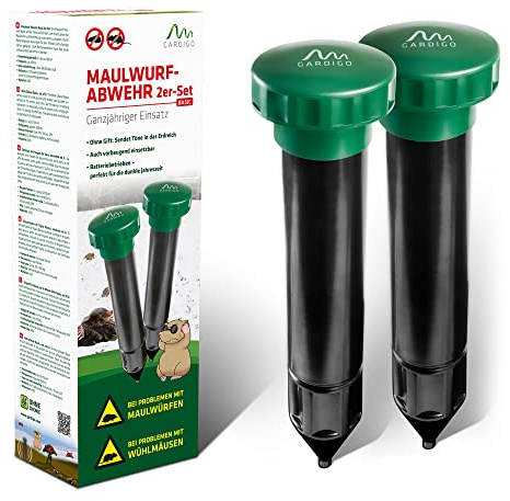 GARDIGO® Maulwurf Vertreiber Basic 2er Set | Maulwurfschreck 400-1000 Hz für ca. 700m² | Maulwurfabwehr für den Garten | Einfacher Batteriewechsel durch Batteriewechselzylinder | Wühlmausschreck