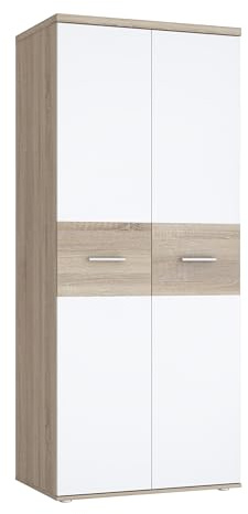 Forte WINNIE Schrank 80, moderner Kleiderschrank, Kinderzimmerschrank, Schlafzimmer, Skandinavischer Stil, 2-türig, Sonoma Eiche Holzdekor/ Weiß, 80 cm breit x 189 cm hoch x 53 cm tief