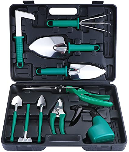 eROOSY Gartenwerkzeug, Gartengeräte Gartenwerkzeug Set aus Edelstahl Gartenarbeit Set mit Koffer, Geschenk für Gartenliebhaber (Grün)