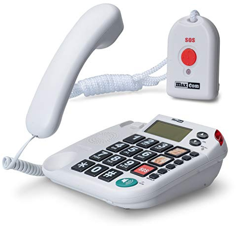 Maxcom KXT481SOS: Seniorentelefon mit Funk Notruf Sender und großen Tasten extra laut; schnurgebundenes Festnetztelefon mit Notrufknopf und Adapterstecker Hausnotruf für Senioren hörgerätekompatibel