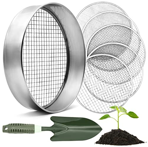 HappySeed Gartensieb rund 30 cm mit 5 austauschbaren Siebeinsätzen - Kompostsieb aus Edelstahl für Erde, Kompost, Saatgut - inklusive Gartenschaufel