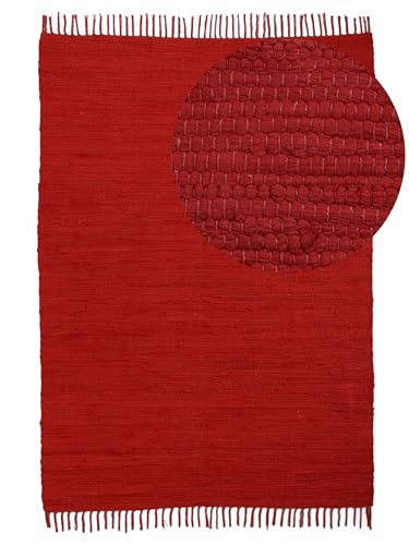 carpetfine Flickenteppich Kelim Chindi Uni Rot 60x90 cm, handgewebt | Fleckerlteppich aus Baumwolle für Wohnzimmermit Fransen
