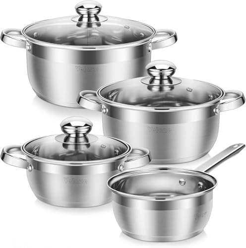 Velaze Töpfe Set, 7-teilig Kochtopf Set aus Edelstahl, Topf Induktion mit Glasdeckeln, PFOA frei, Klassisches Design, Topfset für alle Herdarten, Töpfe mit 3 Kochtöpfe und 1 Stielkasserolle