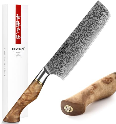 HEZHEN 18CM Japanischer Stil Damast Nakirimesser, Küchenmesser 67 Schicht Damaskus Stahl Kochmesser,Holzgriff