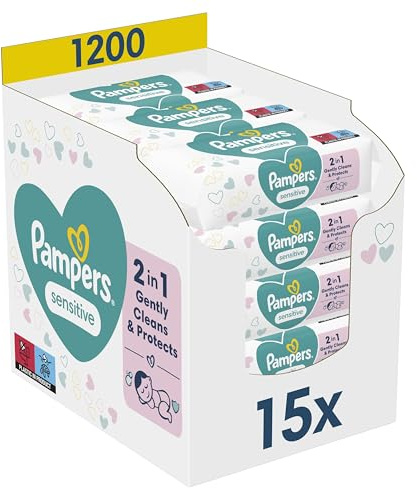 Pampers Sensitive Baby-Feuchttücher, 15 Packungen mit 80 Feuchttüchern,1200 Baby-Feuchttücher, 2-in-1 sanfte Reinigung & Hautschutz