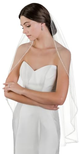 GAODESI Hochzeitsschleier Perlen und Kristalle Perlen Rand 1 Ebene Fingerspitzenlänge Brautschleier, V156light Ivory, Fingertip length