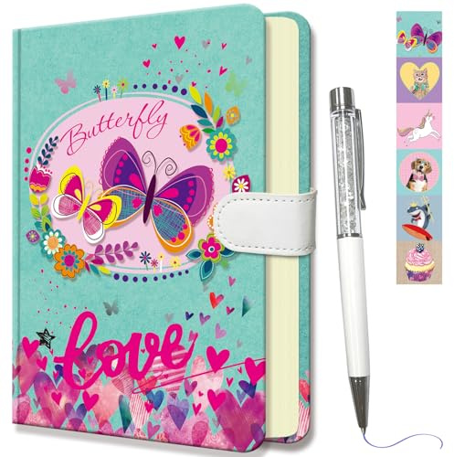 Kinder Notizbuch mit Stift, 19x13,5cm Klein Tagebuch Mädchen Geschenke | 192 Seiten Liniert Notizbücher Set Hardcover Notizblock mit Stift für Geburtstagsgeschenk Schul, Schmetterling