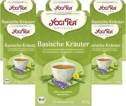 Yogi Tea Basische Kräuter, 6x17 Beutel (102 Teebeutel) | Ayurvedischer Gewürz- und Kräutertee, von Natur aus koffeinfrei, Mischung aus Löwenzahn, Brennnessel, Lavendel