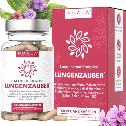 NEU! Lungenkraut Kapseln (60 Stück) - 300 mg hochdosiertes echtes Lungenkraut (Lungwort) mit 12 Inhaltsstoffen wie Acerola & Hagebutte, Isländisches Moos, Malve, Eukalyptus und Salbei - Vegan