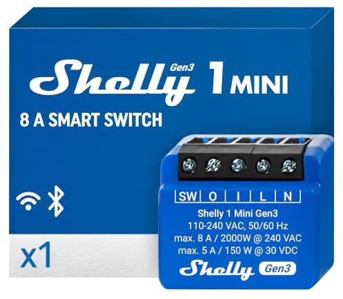Shelly 1 Mini Gen3 - WLAN & Matter Smart Relaisschalter, 1 Kanal, 8A, Potentialfreier Kontakt, Lichtschalter, Garagentoröffner, Heizung, Smart Home, Zeitschaltuhr, Kein Hub Erforderlich, Alexa, Google