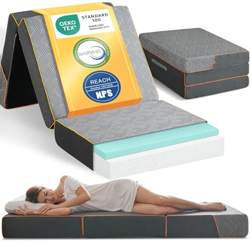 Coolux Sleep Gel Klappmatratze 15 cm Höhe, 3-teilige Gästematratze 195x75cm | 7-Zonen ergonomische, Gedächtnisschaum Mittel Fest, liegt nicht durch & faltbar, Antibakteriell Waschbarer Bezug OEKO-TEX