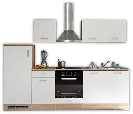 Stella Trading ANDY Moderne Küchenzeile ohne Elektrogeräte Eiche Sonoma Optik, Weiß matt - Geräumige Einbauküche mit viel Stauraum - 270 x 195 x 60 cm (B/H/T)