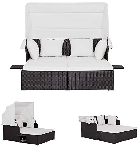 LIFEZEAL Sonnenliege Set Poly Rattan, Sonneninsel Gartenlounge mit Klappdach & 2 Teetischplatte, Gartenmuschel mit Kissen, Doppel Gartenliege belastung 360 KG, Polyrattan Lounge Outdoor (Weiß)