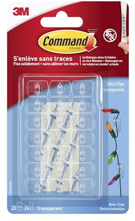 Command Befestigungsclips mit Transparenten Klebestreifen, 20 Clips und 24 Strips - für Dekoration und Lichterkette