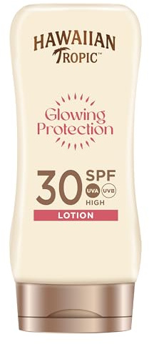 Hawaiian Tropic | Glowing Protection Sunscreen, Schützende Sonnenlotion LSF 30 UVA + UVB Schutz, 180 ml, tropischer Duft, mit Sheabutter, wasserfest, vegan