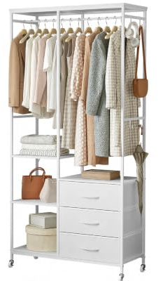 Mintnook Stabiler Kleiderschrank, verstellbare Regale, Haken, White | Kleiderständer auf Rollen，Verstellbare Regale，Einfache Montage，Stabil & standfest，Multifunktionale Aufbewahrung
