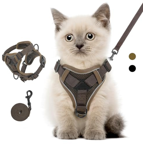 VavoPaw Katze Geschirr und Leinen-Set für Kätzchen, Welpen, Spaziergänge | Verstellbar Katzengeschirr mit Reflektierend Streifen Atmungsaktiv Mesh, Fluchtsicher Haustier Sicherheitsweste(Kaffee,S)